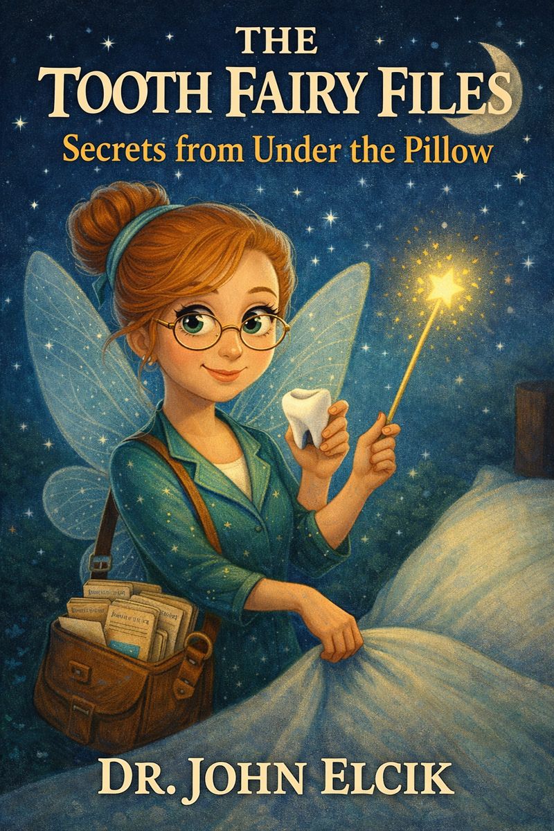 The Tooth Fairy Files: Secrets from Under the Pillow by Dr. John Elcik. The cover shows a bespectacled fairy holding a tooth and a glowing wand beside a pillow.